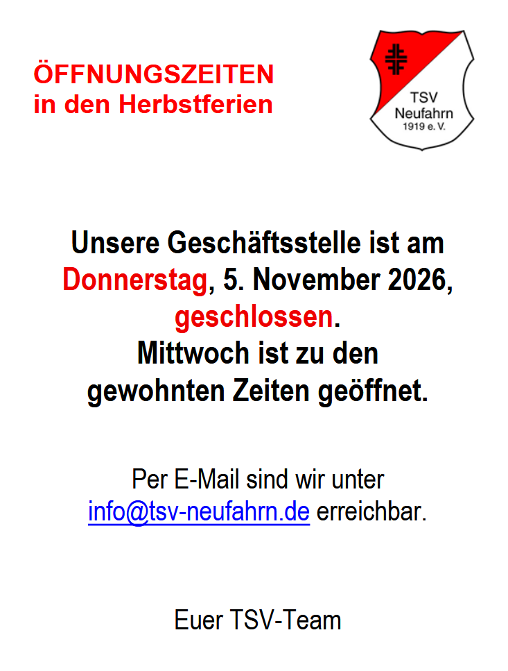 Öffnungszeiten der Geschäftsstelle in den Herbstferien 2026